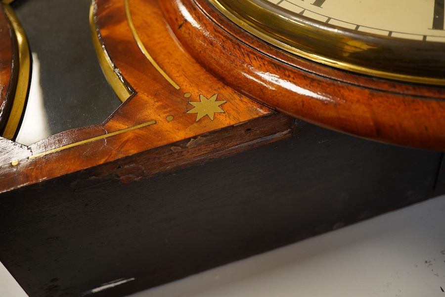 A 19th century mahogany drop dial fusee wall timepiece, with brass inlay and a painted 12 inch dial